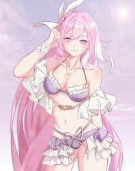 1girl absurdres bare_shoulders bikini breasts chinese_commentary collarbone commentary_request cowboy_shot diamond-shaped_pupils diamond_(shape) elf elysia_(herrscher_of_human:_ego)_(honkai_impact) elysia_(honkai_impact) frilled_bikini frills heart heart_necklace highres honkai_(series) honkai_impact_3rd jewelry large_breasts li_shijin long_hair looking_at_viewer multicolored_hair navel necklace official_alternate_costume parted_lips pink_hair pointy_ears purple_bikini purple_eyes purple_sky sky solo stomach streaked_hair sunlight swimsuit symbol-shaped_pupils teeth thighs very_long_hair white_hair