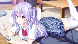 Rule 34 | 1girl, absurdres, ass, blush, breasts, game cg, highres, holding, holding spoon, indoors, large breasts, legs, looking at viewer, lying, nekonyan, on stomach, original, parted lips, purple hair, red eyes, rug, school uniform, skirt, socks, solo focus, spoon, table, thighhighs, thighs, tonari ni kanojo no iru shiawase ~summer surprise~, twintails, uryuu koume, white thighhighs, wooden floor, zettai ryouiki