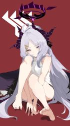Rule 34 | 1girl, absurdres, barefoot, blue archive, commentary request, demon girl, demon horns, demon wings, forehead, gohan (gohanchang), grey hair, hair ornament, hairclip, highres, hina (blue archive), horns, long hair, looking at viewer, parted bangs, purple eyes, red background, sidelocks, simple background, sitting, sleeveless, soles, solo, toes, wings
