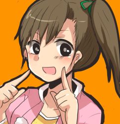 Rule 34 | 10s, 1girl, bad id, bad pixiv id, close-up, finger to face, futami mami, hands on own face, idolmaster, idolmaster (classic), idolmaster 2, side ponytail, simple background, solo, tokoro (1969)