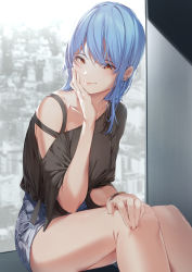 Rule 34 | 1girl, amagimei, black shirt, blue hair, closed mouth, collarbone, denim, denim shorts, earrings, hand on own cheek, hand on own face, hand on own leg, hand up, highres, indoors, jewelry, long hair, looking at viewer, mole, mole under eye, original, shirt, shirt tucked in, short shorts, shorts, sitting, smile, solo, thighs, watch, window, wristwatch, yellow eyes