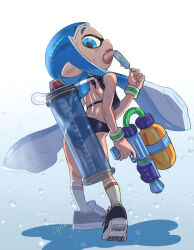 Rule 34 | 1girl, ass, bikini, black bikini, black footwear, blue eyes, blue hair, breasts, domino mask, fang, food, from behind, full body, gun, inkling, inkling girl, inkling player character, jipin, licking, long hair, looking back, mask, nintendo, open mouth, pointy ears, popsicle, shoes, small breasts, socks, solo, splatoon (series), swimsuit, tentacle hair, tongue, tongue out, weapon, white socks
