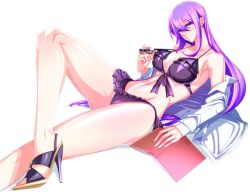 Rule 34 | 1girl, bikini, book, breasts, closed mouth, gj-bu, glasses, high heels, large breasts, legs, long hair, looking at viewer, lying, on back, open clothes, open shirt, propellercube, purple eyes, purple hair, smile, solo, sumeragi shion, sunglasses, swimsuit, uncensored