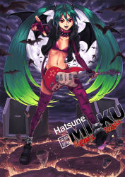Rule 34 | 1girl, alternate costume, alternate eye color, animal print, bat (animal), bat print, bikini, bikini top only, character name, collar, cropped jacket, electric guitar, fingerless gloves, flat chest, full moon, fur collar, gloves, green hair, ground shatter, guitar, hatsune miku, highres, instrument, jacket, long hair, moon, navel, open clothes, open jacket, patterned legwear, pointing, pointing at viewer, print thighhighs, red eyes, ribs, ryu shou, scrunchie, shorts, solo, spiked collar, spikes, swimsuit, thighhighs, twintails, vampire, very long hair, vocaloid