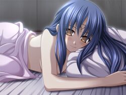Rule 34 | 1girl, bed sheet, blaze of destiny ii - the beginning of the fate, blue hair, blush, breasts, circlet, closed mouth, game cg, hair over breasts, long hair, looking at viewer, ninozen, nude, pillow, rosetta mizerhait, small breasts, smile, solo, straight hair, under covers, upper body, yellow eyes
