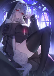 1girl absurdres arknights black_dress black_jacket black_thighhighs closed_mouth commentary_request covered_navel cross darling0221 dress foot_out_of_frame grey_hair habit highres holding holding_cross indoors jacket knee_up latin_cross light_smile long_hair long_sleeves looking_at_viewer low-braided_long_hair low-tied_long_hair no_shoes nun pelvic_curtain red_eyes solo specter_(arknights) stained_glass thighhighs thighs very_long_hair window wrist_belt