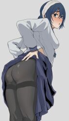 Rule 34 | 1girl, amanai riko, ass, bent over, black pantyhose, blue eyes, blue hair, blue skirt, blush, braid, braided ponytail, breasts, clothes lift, embarrassed, eyelashes, feet out of frame, from behind, furrowed brow, grey background, hair between eyes, hairband, highres, jujutsu kaisen, lifted by self, long hair, long sleeves, looking at viewer, looking back, makkori (utoxrjimlx8x49s), medium breasts, pantyhose, parted lips, pleated skirt, school uniform, shirt, simple background, skirt, skirt lift, solo, standing, sweatdrop, thighband pantyhose, white hairband, white shirt