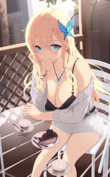 Rule 34 | 1girl, aqua eyes, blackberry (fruit), blonde hair, blue eyes, blush, boku wa tomodachi ga sukunai, breasts, butterfly hair ornament, cait aron, cake, chair, cleavage, closed mouth, collarbone, cup, day, dress, food, fork, fruit, grey dress, hair between eyes, hair ornament, highres, jewelry, kashiwazaki sena, large breasts, lips, long hair, looking at viewer, necklace, sitting, smile, solo, spoon, strawberry, table, wooden floor