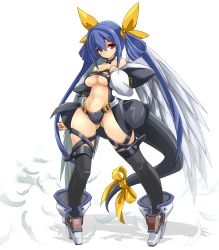 Rule 34 | 1girl, asymmetrical wings, bare shoulders, black thighhighs, blue hair, breasts, choker, collarbone, detached sleeves, dizzy (guilty gear), feathered wings, feathers, full body, green wings, guilty gear, guilty gear x, guilty gear xx, hair ribbon, hair rings, highres, karukan (monjya), large breasts, long hair, long sleeves, midriff, navel, pigeon-toed, red eyes, ribbon, solo, standing, tail, tail ornament, tail ribbon, thick thighs, thighhighs, thighs, twintails, underboob, very long hair, white wings, wings, yellow ribbon