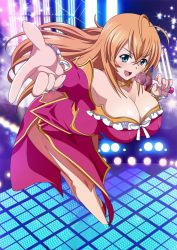 Rule 34 | 1girl, ahoge, antenna hair, ass, blonde hair, blue eyes, bow, breasts, butt crack, cleavage, curvy, dress, fang, female focus, highres, hip focus, holding, ikkitousen, large breasts, long hair, microphone, open mouth, solo, sonsaku hakufu, thick thighs, thighs, wide hips