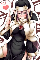 Rule 34 | 10s, 1girl, ;q, bad id, bad pixiv id, battle sister cocoa, blush, cardfight!! vanguard, habit, headdress, heart, jewelry, long hair, nun, one eye closed, oracle think tank, pako (moto paco), pointing, pointing up, pointy ears, purple eyes, purple hair, side slit, skindentation, sleeves past wrists, smile, solo, thighhighs, tongue, tongue out, white thighhighs, wink