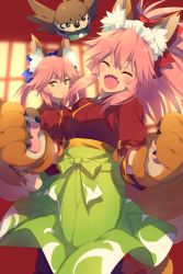 Rule 34 | 2girls, animal ear fluff, animal ears, animal hands, bird, blue bow, blush, bow, breasts, cat paws, closed eyes, closed mouth, echo (circa), fangs, fate/extra, fate/grand order, fate (series), fox ears, fox girl, fox tail, gloves, green hakama, hair between eyes, hair bow, hakama, hakama skirt, japanese clothes, kimono, large breasts, long hair, long sleeves, looking at viewer, maid headdress, mash kyrielight, mash kyrielight (enma-tei uniform), multiple girls, open mouth, paw gloves, paw shoes, pink hair, ponytail, red bow, red kimono, shoes, sidelocks, skirt, smile, tail, tamamo (fate), tamamo cat (fate), tamamo no mae (fate/extra), twintails, yellow eyes