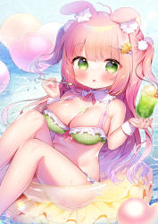 Rule 34 | 1girl, animal ear fluff, animal ears, balloon, bikini, blush, breasts, carrot hair ornament, cleavage, cup, drinking glass, floating, food, food-themed hair ornament, green bikini, green eyes, hair ornament, hairclip, highres, ice cream, innertube, knees up, large breasts, long hair, open mouth, original, pink hair, pool, rabbit ears, ribbon, sitting, solo, spoon, swim ring, swimsuit, thighs, tsukimi mumi, two side up, water, wrist cuffs