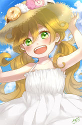 Rule 34 | 1girl, amaama to inazuma, artist name, blush, brown hair, candy, cloud, cloudy sky, day, doughnut, dress, food, green eyes, happy, hat, inuzuka tsumugi, long hair, looking at viewer, open mouth, sakikko, sky, smile, solo, solo focus, straw hat, twintails, wet, white dress