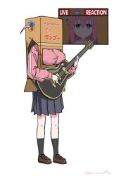 Rule 34 | 1girl, artist request, black socks, blank eyes, blank stare, blue eyes, bocchi the rock!, box, box on head, breasts, brown footwear, cardboard box, cube hair ornament, english text, female focus, full body, gotoh hitori, guitar, hair between eyes, hair ornament, highres, holding, holding guitar, holding instrument, instrument, japanese text, large breasts, live tucker reaction (meme), meme, pink hair, pink track suit, pleated skirt, simple background, skirt, socks, solo, solo focus, source request, standing, translated, twitter username