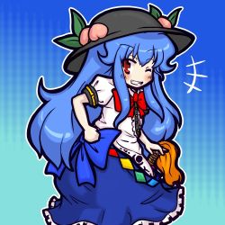 Rule 34 | 1girl, blue hair, boots, bow, dress, eruru (erl), female focus, food, fruit, gradient background, grin, hat, hinanawi tenshi, long hair, one eye closed, peach, red eyes, ribbon, smile, solo, sword, touhou, weapon, wink