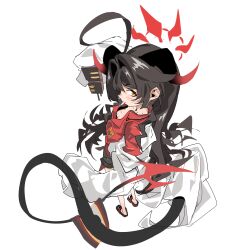 Rule 34 | 12cat, 1girl, ahoge, black hair, blue archive, blush, breasts, demon horns, demon tail, from above, hair intakes, halo, highres, horns, huge ahoge, kasumi (blue archive), lab coat, long hair, looking at viewer, simple background, sleeves past fingers, sleeves past wrists, small breasts, solo, standing, tail, very long hair, white background