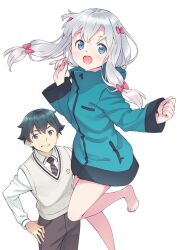 Rule 34 | 1boy, 1girl, aqua jacket, barefoot, black eyes, black hair, blue eyes, bow, brother and sister, brown necktie, brown pants, commentary request, diagonal-striped clothes, diagonal-striped necktie, eromanga sensei, feet out of frame, foot out of frame, grey hair, hair bow, izumi masamune, izumi sagiri, jacket, kanzaki hiro, legs, long hair, necktie, official art, open mouth, pants, siblings, sidelocks, smile, striped clothes, sweater vest, toenails, toes