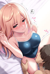 Rule 34 | 1boy, 1girl, ^^^, bare arms, bare shoulders, blonde hair, blue eyes, blue one-piece swimsuit, blush, breasts, brown hair, cleavage, closed mouth, collarbone, covered navel, cunnilingus, cunnilingus through clothes, hair between eyes, hand up, head between thighs, hetero, highres, huyumitsu, large breasts, leg grab, leg up, long hair, looking at viewer, lying, mole, mole under eye, on side, one-piece swimsuit, oral, original, paid reward available, parted lips, speech bubble, swimsuit, thighs, trembling