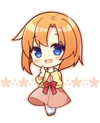 Rule 34 | 1girl, :d, blue eyes, blush, bow, brown dress, brown outline, chibi, commentary request, dress, full body, green footwear, hand up, higurashi no naku koro ni, jacket, long sleeves, looking at viewer, open mouth, orange hair, outline, parted bangs, puffy long sleeves, puffy sleeves, red bow, ryuuguu rena, ryuuka sane, shoes, smile, socks, solo, standing, white background, white socks, yellow jacket