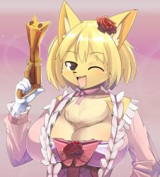 Rule 34 | 1girl, animal ear fluff, animal ears, blonde hair, breasts, brown eyes, cleavage, colored skin, commentary request, dress, flower, fox ears, fox girl, frilled dress, frills, furry, furry female, gun, hair flower, hair ornament, holding, holding gun, holding weapon, large breasts, lets0020, looking at viewer, medium bangs, one eye closed, open mouth, original, pink background, pink dress, red flower, red rose, rose, short hair, smile, solo, upper body, weapon, yellow skin