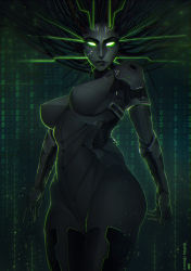 Rule 34 | 1girl, android, black thighhighs, breasts, cable, commentary, cowboy shot, digital rain, english commentary, female focus, glowing, glowing eyes, green eyes, highres, joints, large breasts, lips, looking at viewer, metal skin, no pupils, nyuunzi, robot joints, s.h.o.d.a.n., science fiction, solo, standing, system shock, system shock 2, thighhighs, you gonna get raped