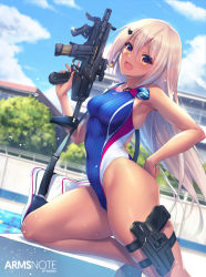 Rule 34 | 1girl, :d, arms note, blue sky, breasts, brown hair, building, cloud, commentary request, competition swimsuit, day, fang, fukai ryosuke, goggles, gun, handgun, highres, holster, holstered, leg holster, long hair, machine pistol, object in clothes, object in swimsuit, one-piece swimsuit, open mouth, original, pistol, poolside, skindentation, sky, smile, solo, submachine gun, swimming club kouhai (fukai ryousuke), swimsuit, wall, weapon, yellow eyes