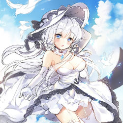 Rule 34 | 1girl, animal, arm up, azur lane, bird, blue eyes, blue sky, blush, breasts, cleavage, cloud, day, dress, elbow gloves, garter straps, gloves, hair between eyes, hat, head tilt, illustrious (azur lane), large breasts, long hair, looking at viewer, mole, mole under eye, outdoors, parted lips, pingo, silver hair, sketch, sky, solo, strapless, strapless dress, thighhighs, very long hair, white dress, white gloves, white hat, white thighhighs