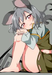 Rule 34 | 1girl, ahoge, animal ears, barefoot, blush, brown skirt, brown vest, bwell, commentary request, dowsing rod, full body, grey background, grey hair, head rest, highres, legs, long sleeves, looking at viewer, mouse ears, mouse girl, mouse tail, nazrin, open mouth, red eyes, shirt, short hair, simple background, skirt, smile, solo, tail, touhou, vest, white shirt