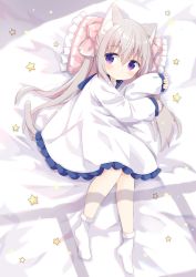Rule 34 | 1girl, animal ear fluff, animal ears, bed sheet, blue sailor collar, blush, bobby socks, bow, cat ears, cat girl, cat tail, closed mouth, commentary request, dress, frilled dress, frilled pillow, frills, full body, grey hair, hair between eyes, hair bow, highres, long hair, long sleeves, lying, nakkar, no shoes, on side, original, pillow, pinching sleeves, pink bow, purple eyes, sailor collar, sailor dress, sleeves past wrists, socks, solo, star (symbol), tail, twintails, very long hair, white dress, white socks