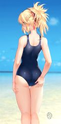 Rule 34 | 1girl, absurdres, adjusting clothes, adjusting swimsuit, aqua eyes, ass, bare arms, bare shoulders, blonde hair, blue one-piece swimsuit, blue sky, braid, commentary request, day, fate/grand order, fate (series), fingernails, french braid, highres, hua-j, long hair, looking at viewer, looking back, mordred (fate), mordred (fate/apocrypha), ocean, one-piece swimsuit, outdoors, ponytail, school swimsuit, shiny clothes, signature, sky, solo, swimsuit, thighs, water