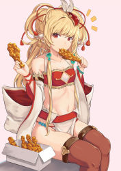 Rule 34 | 10s, 1girl, ^^^, bare shoulders, blonde hair, breasts, brown thighhighs, chicken leg, closed mouth, detached sleeves, eating, food, fried chicken, granblue fantasy, groin, halterneck, head tilt, holding, holding food, loincloth, long hair, looking at viewer, mahira (granblue fantasy), mo shi, navel, pink background, red eyes, simple background, sitting, small breasts, solo, thighhighs, very long hair, wide sleeves