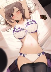 Rule 34 | 1girl, ;o, armpits, arms up, bare arms, bare shoulders, bed, black pantyhose, bra, breasts, brown hair, condom, condom wrapper, gin00, idolmaster, idolmaster shiny colors, large breasts, lingerie, looking at viewer, lying, medium hair, navel, on back, on bed, one eye closed, panties, pantyhose, parted lips, pillow, red eyes, solo, stomach, thighs, tsukioka kogane, underwear, underwear only, undressing, white bra, white panties