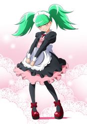 Rule 34 | 1girl, ankle bow, ankle ribbon, apron, back bow, biburi (precure), black dress, black pantyhose, blunt bangs, blush, bow, closed mouth, dress, floating hair, fuchi (nightmare), full body, gothic lolita, green hair, holding, holding plate, kirakira precure a la mode, layered dress, leg ribbon, lolita fashion, long hair, long sleeves, looking at viewer, maid, maid headdress, medium dress, neck ribbon, pantyhose, pink dress, plate, precure, red bow, red footwear, red ribbon, ribbon, smile, solo, standing, twintails, two-tone dress, waist apron, white apron, white bow, yellow eyes