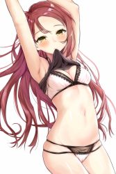 Rule 34 | 1girl, armpits, arms up, black tank top, blush, bow, bow bra, bow panties, bra, breasts, cleavage, clothes lift, highres, kitaku (nakamachi machi), lace, lace-trimmed bra, lace-trimmed panties, lace trim, lifted by self, light background, lingerie, long hair, looking at viewer, love live!, love live! sunshine!!, mouth hold, navel, panties, pink bra, pink panties, red hair, sakurauchi riko, shirt lift, simple background, skindentation, small breasts, solo, tank top, underwear, white background, yellow eyes