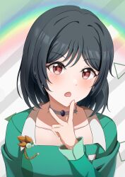 Rule 34 | 1girl, absurdres, black hair, blush, collarbone, commentary, commentary request, dress, earrings, green dress, highres, jewelry, long sleeves, looking at viewer, love live!, love live! nijigasaki high school idol club, mifune shioriko, necklace, ninben (ninben 2892), open mouth, rainbow, red eyes, short hair, sidelocks, solo, upper body, vroom vroom (love live!)