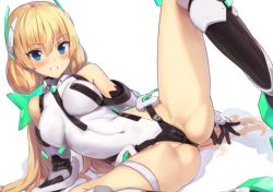 Rule 34 | 10s, 1girl, angela balzac, bare shoulders, black gloves, blonde hair, blue eyes, blush, boots, breasts, cameltoe, covered erect nipples, covered navel, elbow gloves, female focus, gloves, grin, hair ornament, headgear, kawakami rokkaku, knee boots, large breasts, leg lift, leotard, long hair, looking at viewer, low twintails, lying, partially visible vulva, rakuen tsuihou, simple background, skin tight, smile, solo, spread legs, transparent background, twintails, very long hair, white background