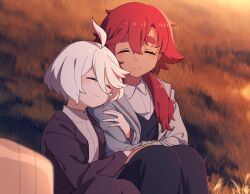 Rule 34 | 2girls, ahoge, arm hug, closed eyes, collared shirt, couple, facial scar, formal, grass, grey hair, gundam, gundam suisei no majo, highres, jacket, jewelry, leaning on person, miorine rembran, multiple girls, ponytail, red hair, ring, scar, scar on cheek, scar on face, shirt, short hair, sitting, spoilers, suit, suletta mercury, thick eyebrows, wedding ring, wife and wife, xion (pulilulu), yuri