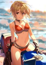 Rule 34 | 1girl, annindoufu (oicon), bikini, black gloves, blurry, breasts, brown hair, choker, cleavage, clothes writing, cloud, commentary request, depth of field, gloves, green eyes, highres, idolmaster, idolmaster cinderella girls, kimura natsuki, looking at viewer, medium breasts, motor vehicle, motorcycle, red bikini, riding, short hair, solo, swimsuit