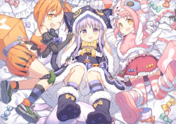 Rule 34 | 3girls, angel wings, animal ears, animal hat, animal hood, asymmetrical footwear, bandaged arm, bandages, bed, bell, black dress, black footwear, black gloves, bloomers, boots, braid, brown eyes, brown hair, candy, capelet, cat ears, cat tail, commentary request, dress, elbow gloves, fake animal ears, fake tail, fake wings, feet up, food, fred04142, fur trim, gloves, green footwear, hat, holding, holding hands, holding with tail, hood, jingle bell, kneehighs, knees up, kyouka (halloween) (princess connect!), kyouka (princess connect!), legs up, long hair, low twintails, lying, midriff, mimi (halloween) (princess connect!), mimi (princess connect!), miniskirt, mismatched footwear, misogi (halloween) (princess connect!), misogi (princess connect!), multiple girls, on back, on side, on stomach, one eye closed, open mouth, paw shoes, pillow, pink capelet, pink footwear, pink hair, pink legwear, pointy ears, prehensile tail, princess connect!, purple eyes, purple hair, rabbit ears, rabbit hat, rabbit tail, red skirt, ribbon, shoes, short hair, side ponytail, single kneehigh, single sock, skirt, smile, sneakers, socks, soles, striped clothes, striped legwear, striped socks, striped thighhighs, tail, thighhighs, twin braids, twintails, underwear, wings