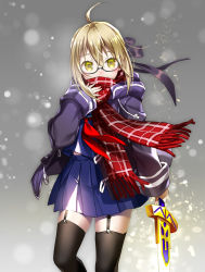 Rule 34 | 1girl, ahoge, artoria pendragon (all), artoria pendragon (fate), black sweater, black thighhighs, blonde hair, blue shirt, blue skirt, cardigan, excalibur (fate/stay night), fate/grand order, fate (series), garter straps, glasses, grey background, hair between eyes, highres, holding, holding sword, holding weapon, looking at viewer, mysterious heroine x alter (fate), mysterious heroine x alter (first ascension) (fate), open cardigan, open clothes, pleated skirt, red scarf, saber (fate), scarf, scarf over mouth, school uniform, serafuku, shirt, short hair with long locks, sidelocks, skirt, solo, suishougensou, sweater, sword, thighhighs, weapon, yellow eyes, zettai ryouiki