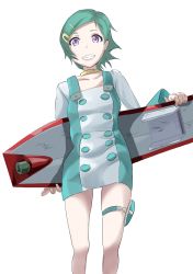 Rule 34 | 1girl, aqua hair, buket pudding i, collar, collarbone, dress, eureka (eureka seven), eureka seven, eureka seven (series), hair ornament, hairclip, highres, holding, looking at viewer, purple eyes, short hair, simple background, smile, solo, thigh strap, white background