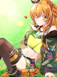 Rule 34 | 1girl, ;o, absurdres, animal ears, arm support, artist name, black footwear, black thighhighs, blowing kiss, bow, commentary request, crop top, day, dog tags, ear ribbon, emblem, grass, green jacket, heart, highres, horse ears, horse girl, horse tail, jacket, leaning back, lens flare, leonis g, long hair, long sleeves, looking at viewer, mayano top gun (umamusume), midriff, navel, off shoulder, one eye closed, open clothes, open jacket, orange eyes, orange hair, outdoors, partial commentary, shirt, shoes, short shorts, shorts, signature, sitting, solo, tail, thigh gap, thigh strap, thighhighs, two side up, umamusume, white shorts, yellow shirt