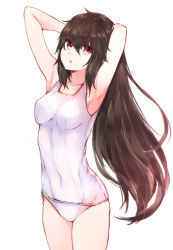 Rule 34 | 1girl, :&lt;, armpits, bare shoulders, breasts, brown hair, closed mouth, collarbone, covered navel, eyebrows, hair between eyes, highres, long hair, medium breasts, one-piece swimsuit, original, red eyes, school swimsuit, silver (chenwen), simple background, sketch, skin tight, solo, standing, swimsuit, thighs, very long hair, white background, white one-piece swimsuit