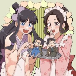 Rule 34 | 2boys, 2girls, ^ ^, ace attorney, apron, black hair, black haori, blue eyes, blue kimono, bow, caramelrag, chibi, closed eyes, frown, green background, green kimono, hair bow, hair rings, hair slicked back, hakama, hands up, highres, holding, holding tray, japanese clothes, kimono, knees up, long hair, long sleeves, maid, maid apron, maid headdress, maya fey, multiple boys, multiple girls, open mouth, phoenix wright, pink kimono, purple bow, purple kimono, ryunosuke naruhodo, seiza, short hair, sitting, smile, susato mikotoba, sweatdrop, teeth, the great ace attorney, tray, updo, upper teeth only, v-shaped eyebrows, wa maid, white apron, wide sleeves