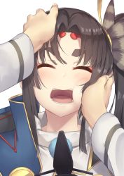 Rule 34 | 1girl, black hair, blush, closed eyes, fate/grand order, fate (series), feather hair ornament, feathers, hair ornament, hair ribbon, headpat, open mouth, parted bangs, pinta (ayashii bochi), pom pom (clothes), portrait, ribbon, side ponytail, sidelocks, simple background, solo focus, thick eyebrows, ushiwakamaru (fate), white background, yellow ribbon