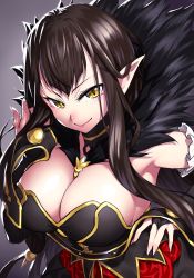Rule 34 | 1girl, bare shoulders, black dress, black hair, breasts, bridal gauntlets, cleavage, detached sleeves, dress, fate/apocrypha, fate (series), feather trim, grey background, large breasts, lips, long hair, looking at viewer, onsoku inu, pointy ears, semiramis (fate), simple background, slit pupils, smile, solo, upper body, yellow eyes