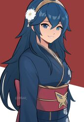 Rule 34 | 1girl, absurdres, alternate costume, blue eyes, blue hair, blue kimono, fire emblem, fire emblem awakening, floral print, flower, hair between eyes, hair flower, hair ornament, highres, japanese clothes, kimono, long hair, long sleeves, looking at viewer, lucina (fire emblem), nintendo, red background, red sash, sash, smgold, smile, solo, symbol in eye, tiara, twitter username, two-tone background, upper body, white background
