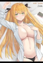 Rule 34 | 1girl, absurdres, arm up, black panties, blonde hair, breasts, cleavage, closed mouth, collarbone, frown, green eyes, hair ribbon, hand up, highres, jaeyun, large breasts, long hair, long sleeves, looking at viewer, lying, navel, no bra, no pants, on back, open clothes, open shirt, original, panties, ribbon, shirt, solo, stomach, string panties, two side up, underwear, white shirt