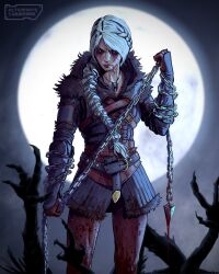 1girl armor artist_name black_sclera blood blood_on_face braid braided_ponytail chain ciri colored_sclera dilara_ozden full_moon green_eyes highres holding holding_chain long_hair moon night outdoors scar scar_on_face the_witcher_(series) the_witcher_4 white_hair witcher_medallion